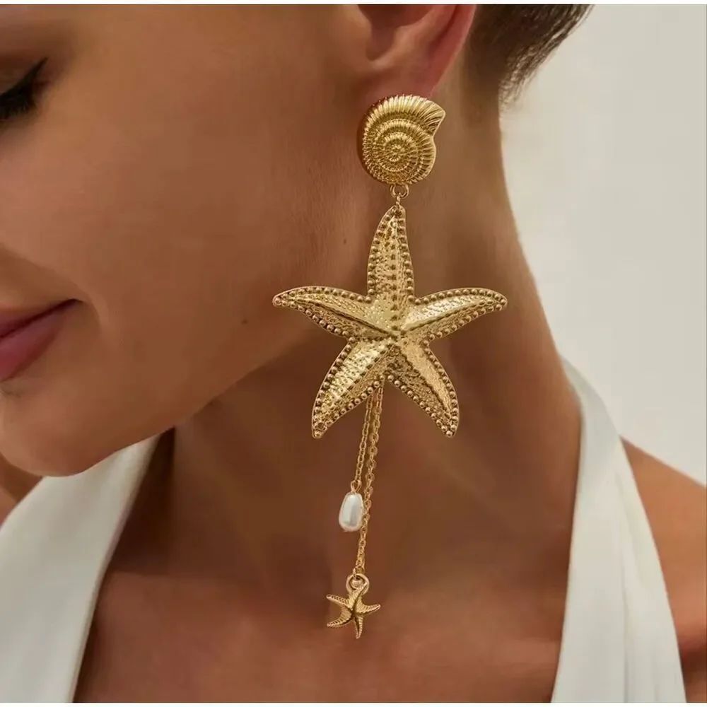 NWOT Zara Gold Starfish Statement Earrings Ocean Shell Pearl Dangle Earrings